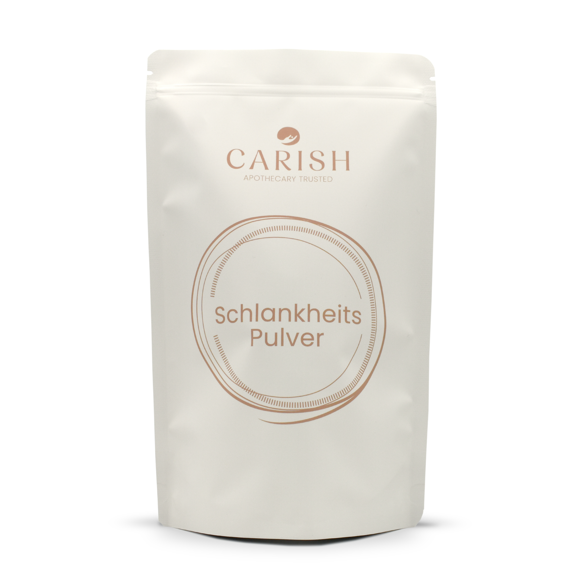 Eine weiße Verpackung und weißem Etikett des Schlankheitspulvers. 
