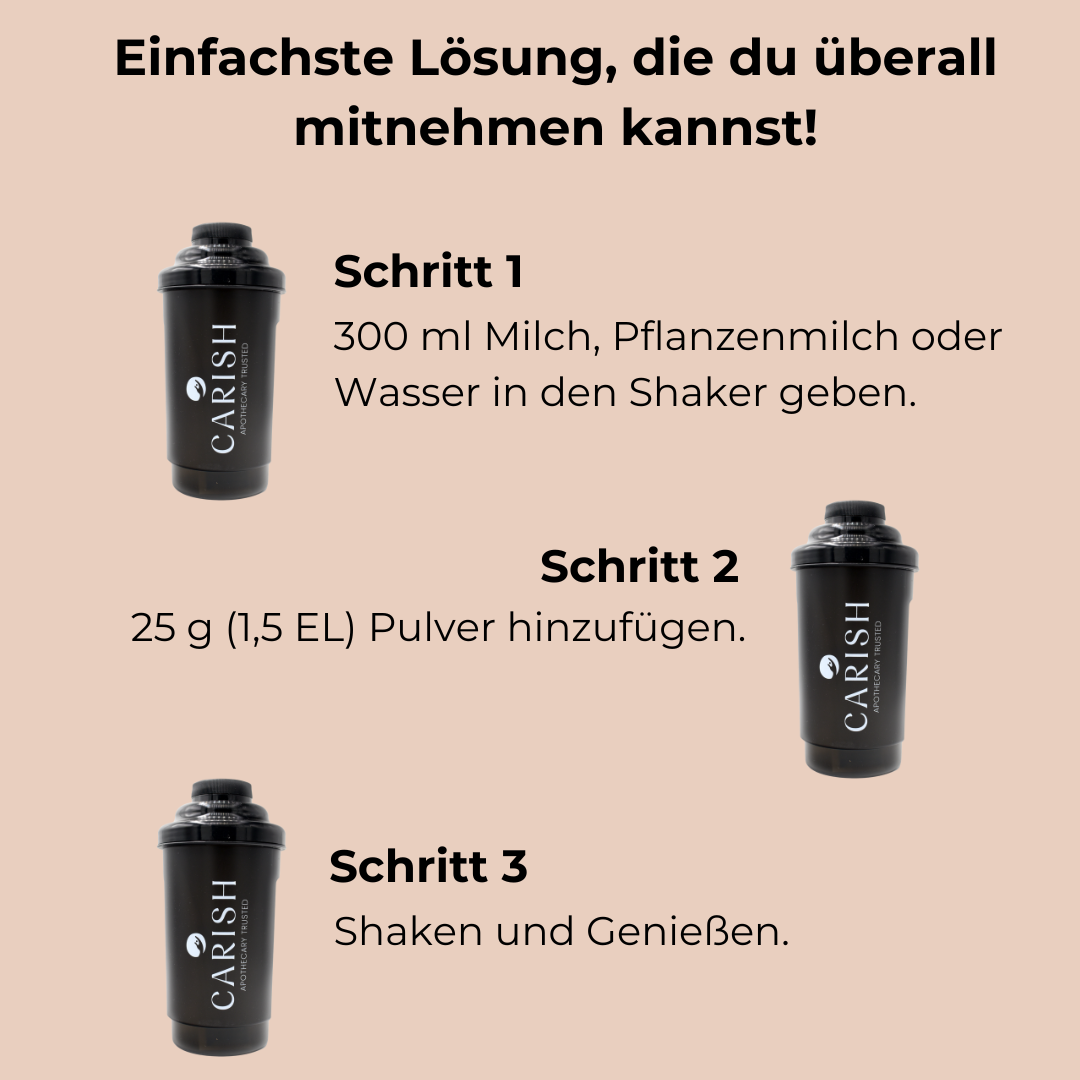 Eine Schritt für Schritt Anleitung wie man das Schlankheitspulver Heidelbeere in einem Shaker mischt. 