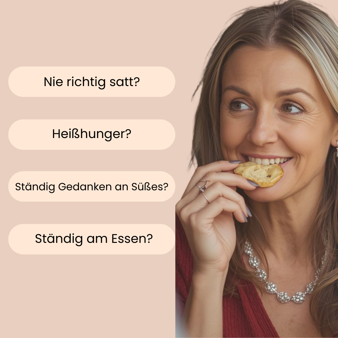 Eine Frau hat einen Keks im Mund.