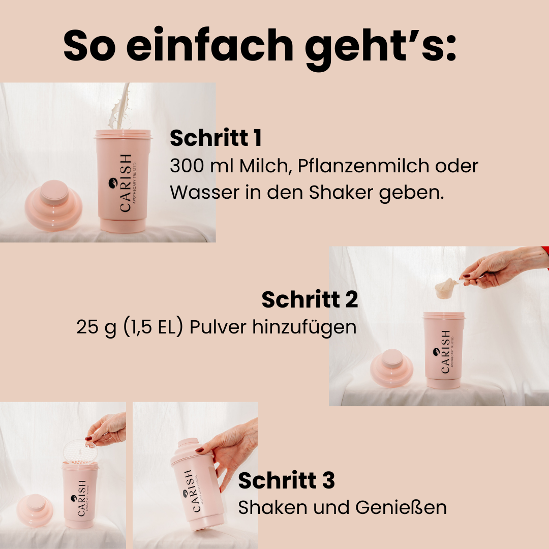 Eine Schritt für Schritt Anleitung wie man das Schlankheitspulver Heidelbeere in einem Shaker mischt. 
