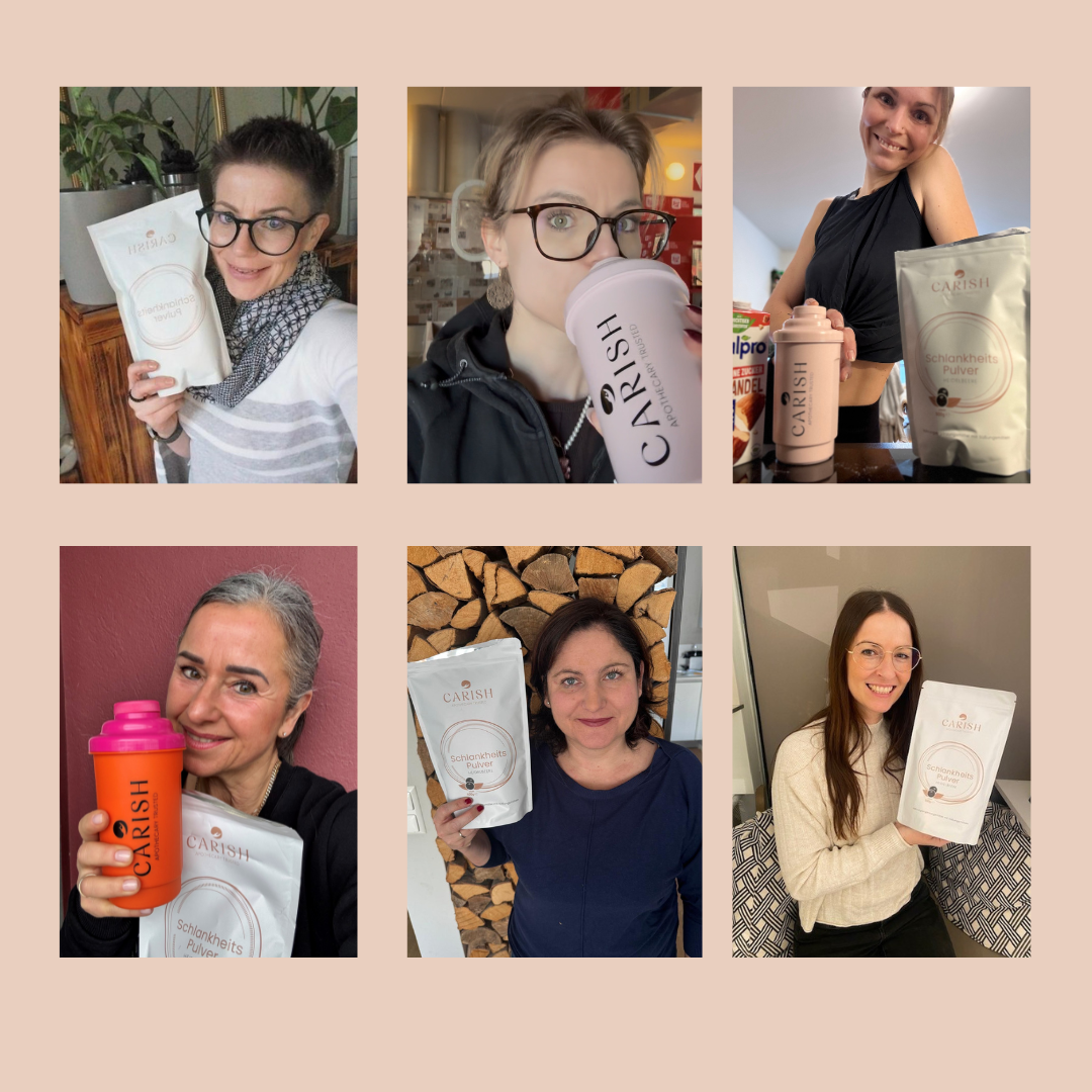 6 zufriedene Kundinnen, die das Schlankheitspulver Heidelbeere in die Kamera halten. 