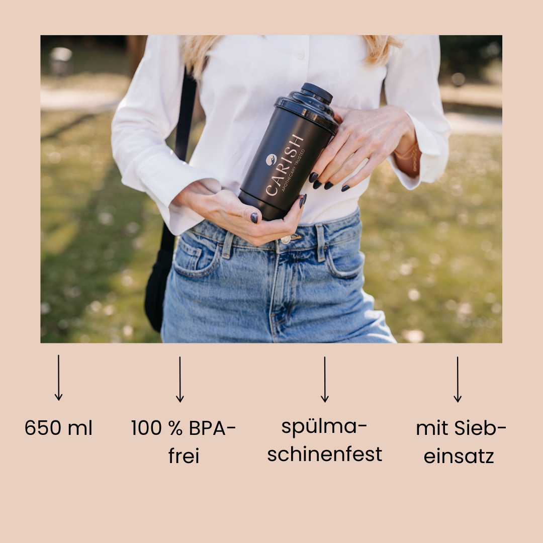 Shaker von Carish misst 650 ml, ist 100% BPA frei, spülmaschinenfest und mit Siebeinsatz ausgestattet. 