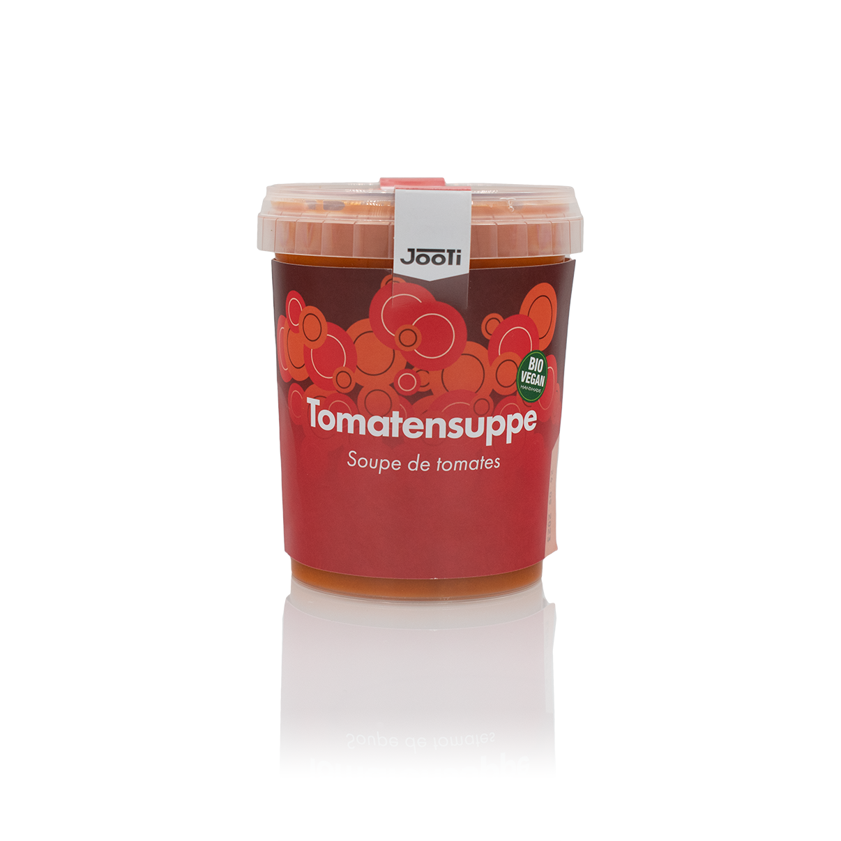 Abbildung der veganen Tomatensuppe in durchsichtigem Kunststoff und weißem Deckel.