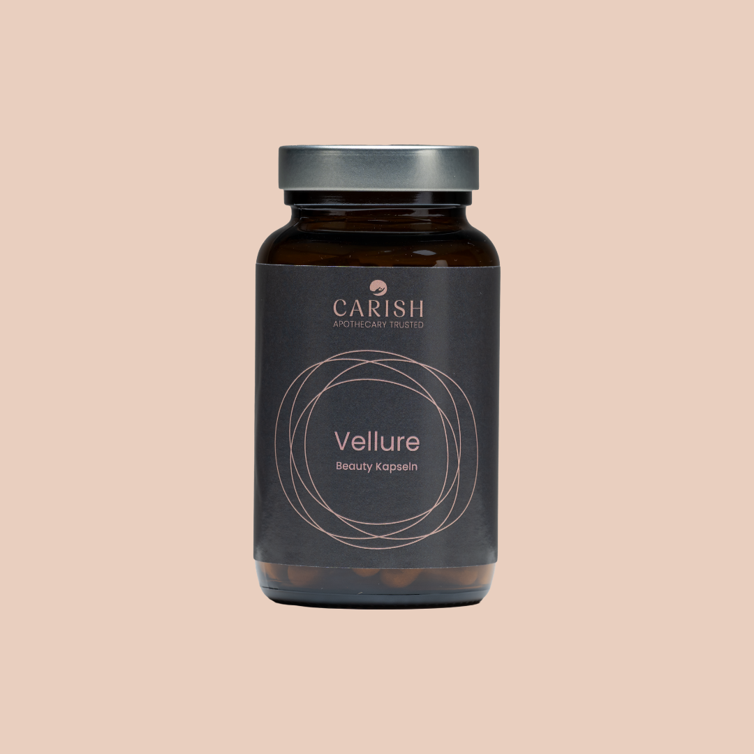 Vellure Schönheitskapseln für Feuchtigkeit und Glow der Haut im braunen Glasbehälter mit verschraubbarem silbernen Deckel und Beschreibung auf einem schwarzen Etikett.