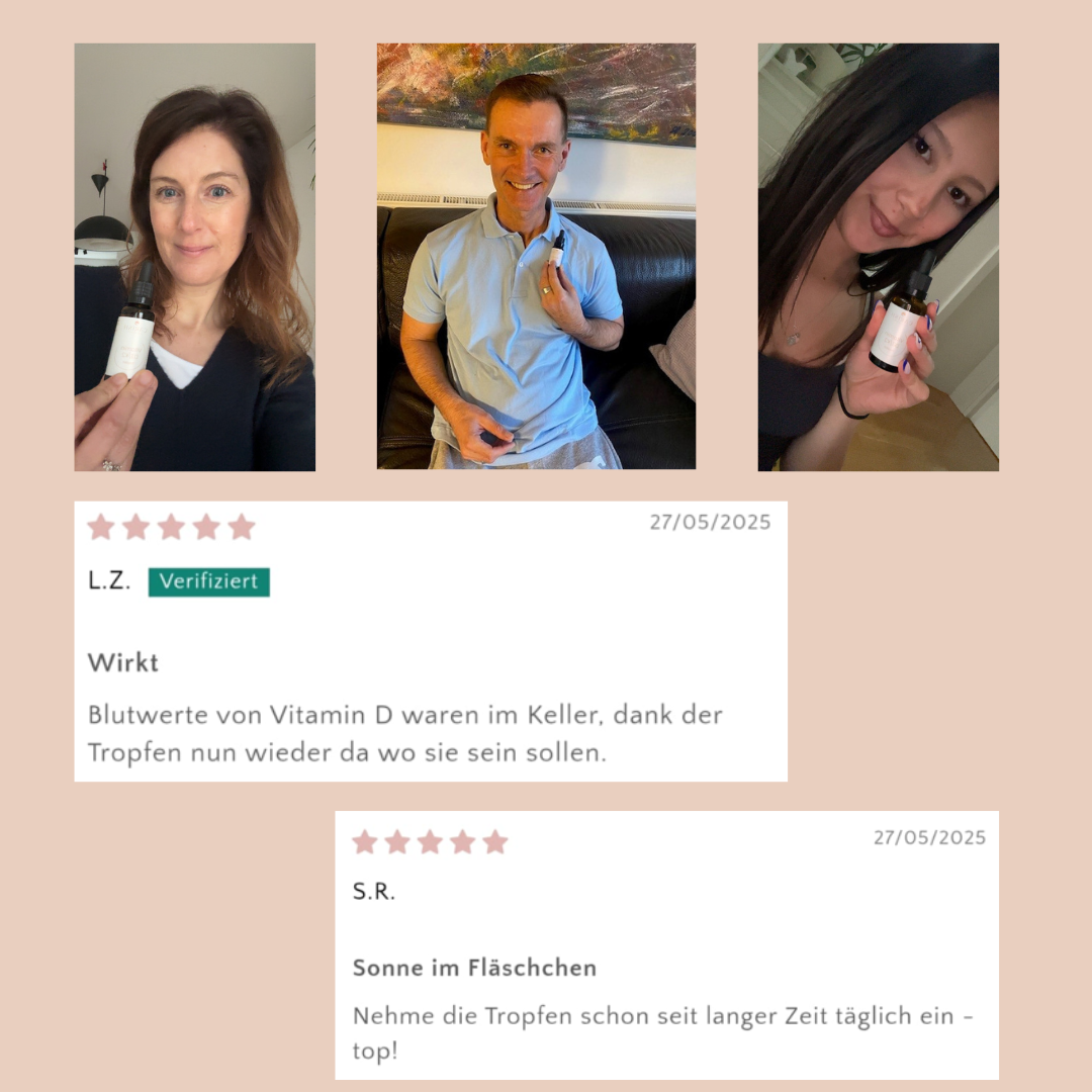Schriftliche und bildliche Rückmeldungen zu den Vitamin D3 Tropfen von zufriedenen Kunden. 