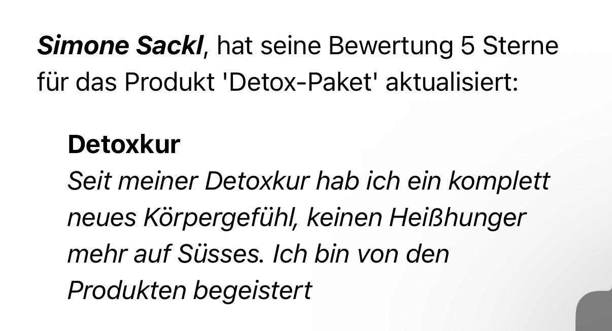 Rückmeldung einer zufriedenen Kundin zur Detox Gruppe von Carish.