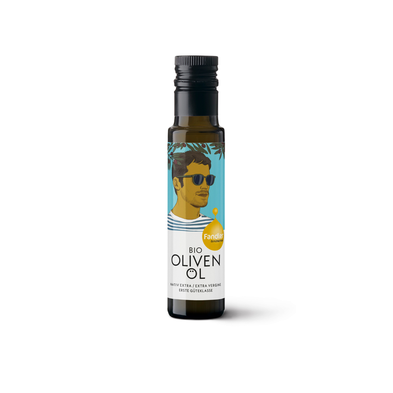 Durchsichtige dunkelgrüne Glasflasche mit schwarzer Verschlusskappe und weißem Etikett des Öhlmühle Fandler Bio Olivenöl.
