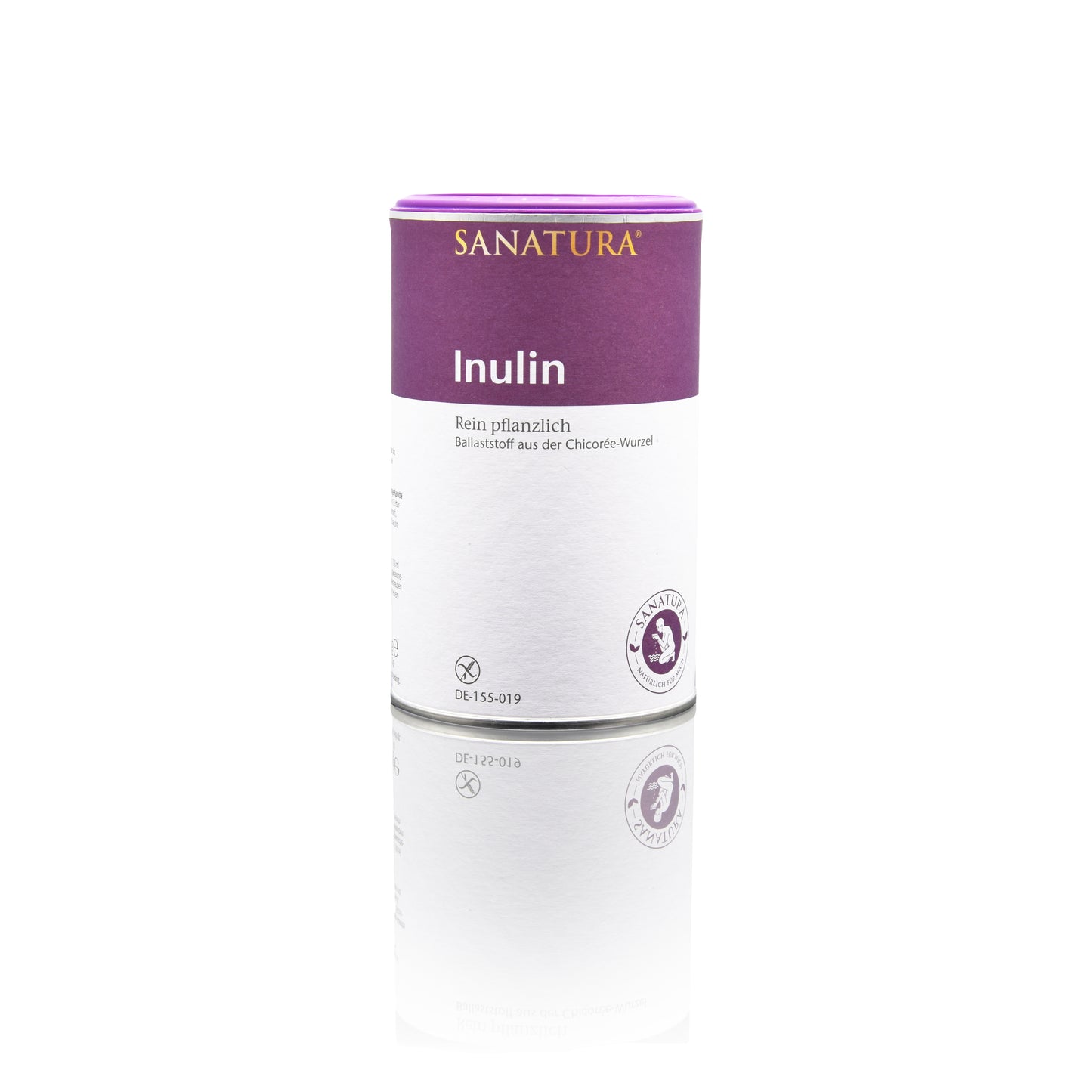 Dose des Inulin von Sanatura mit lila, weißem Etikett. 